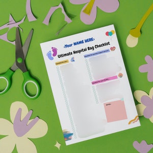 May include: A printable checklist for a hospital bag with the title "Ultimate Hospital Bag Checklist". The checklist is divided into two sections: "Checklist for you" and "Checklist for your partner/support person". There are also sections for notes and a space to write your name.