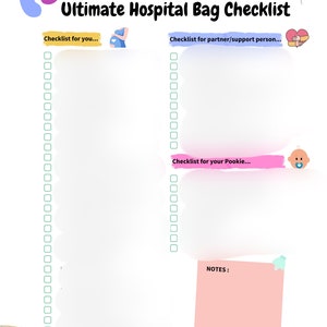 May include: A printable checklist for a hospital bag, with sections for the person giving birth, their partner, and the baby. The checklist has a pink and blue color scheme with footprints and a heart.