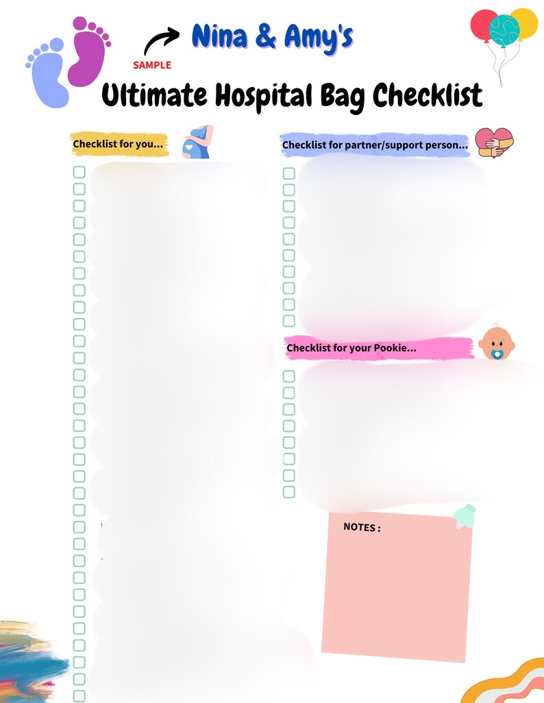 May include: A printable checklist for a hospital bag, with sections for the person giving birth, their partner, and the baby. The checklist has a pink and blue color scheme with footprints and a heart.