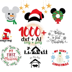 May include: A collection of 1000+ Christmas SVG, DXF, AI and PNG digital files. The designs include a snowman, Mickey Mouse, a wreath, a nativity scene, and text that says "My First Christmas", "Baby's First Christmas", and "My Very First Christmas".