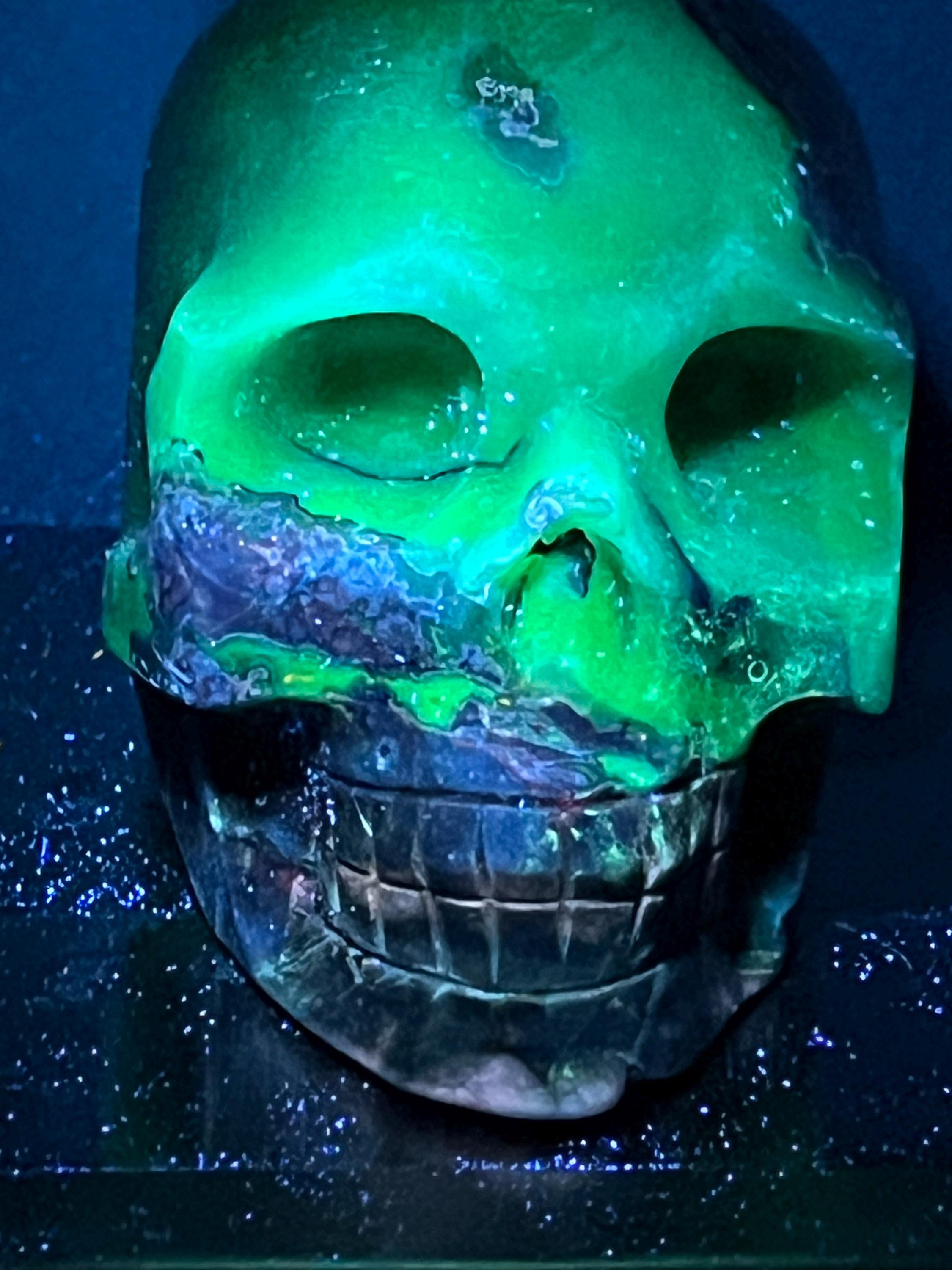 HIGH QUALITY - Volcano Agate Skull Carving with UV reaction! 1lb 9.6 oz or 727g