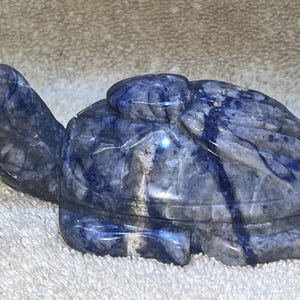 May include: A blue and white carved stone turtle figurine. The turtle is detailed with intricate lines and patterns.