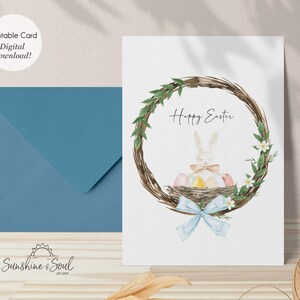 Easter Bunny Wreath Card, Happy Easter–Bunny and Eggs Printable Card (digital download)