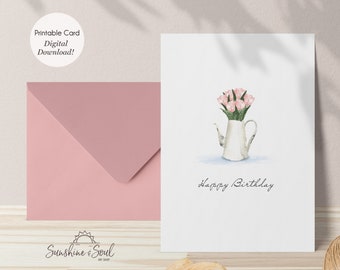 Pink Tulips in Watering Can Happy Birthday Card, Printable Birthday Card (Digital Download)