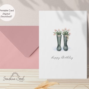 Regenlaarzen met roze tulpen afdrukbare verjaardagskaart, gelukkige verjaardagskaart (digitale download)