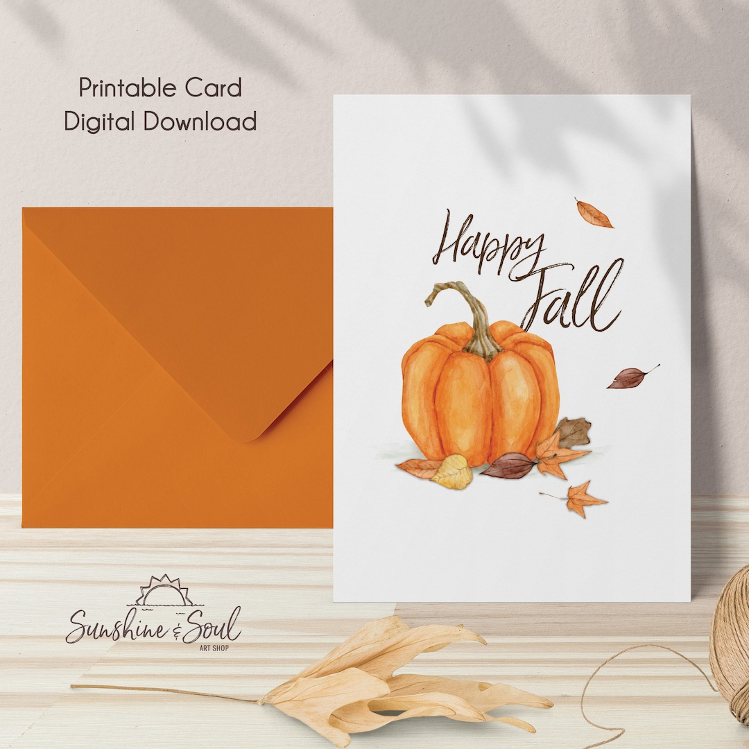 Happy Fall Pumpkin and Leaves Card, Autumn Printable Card (digital ...