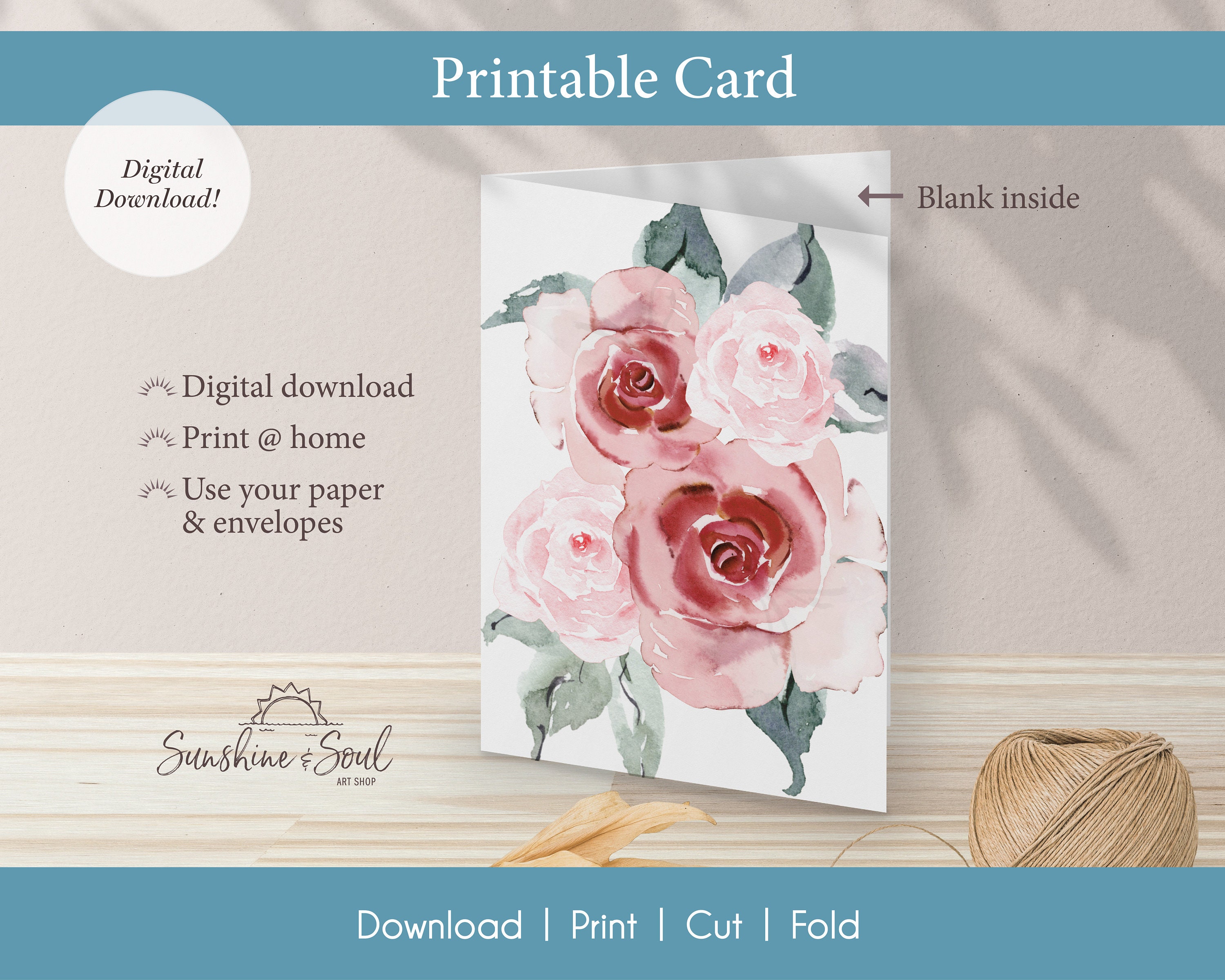 Pink Roses Prinatable Pink Roses Printable Card, Love, Wedding, Anniversary, Birthday ...