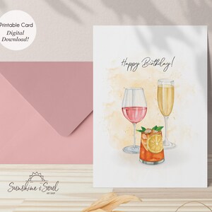 Biglietto di buon compleanno con vino e cocktail, biglietto di auguri stampabile (download digitale)