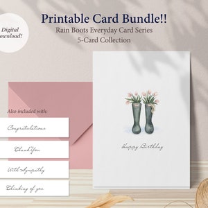 Mega 5-Card Bundle, Cartes de vœux imprimables, Bottes de pluie avec tulipes, Cartes de vœux imprimables de tous les jours, Téléchargement numérique instantané