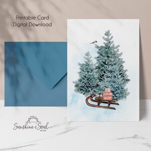 Winter Sled in the Forest, Holiday Card Printable (digital download)