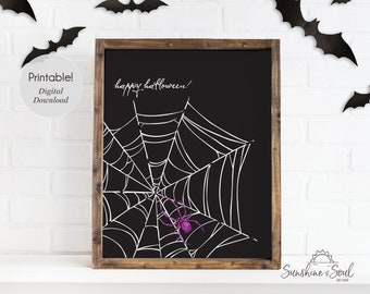 Happy Halloween Wall Art, Spider Web Wall Decor, Halloween Printable Wall Art (Digital Download)