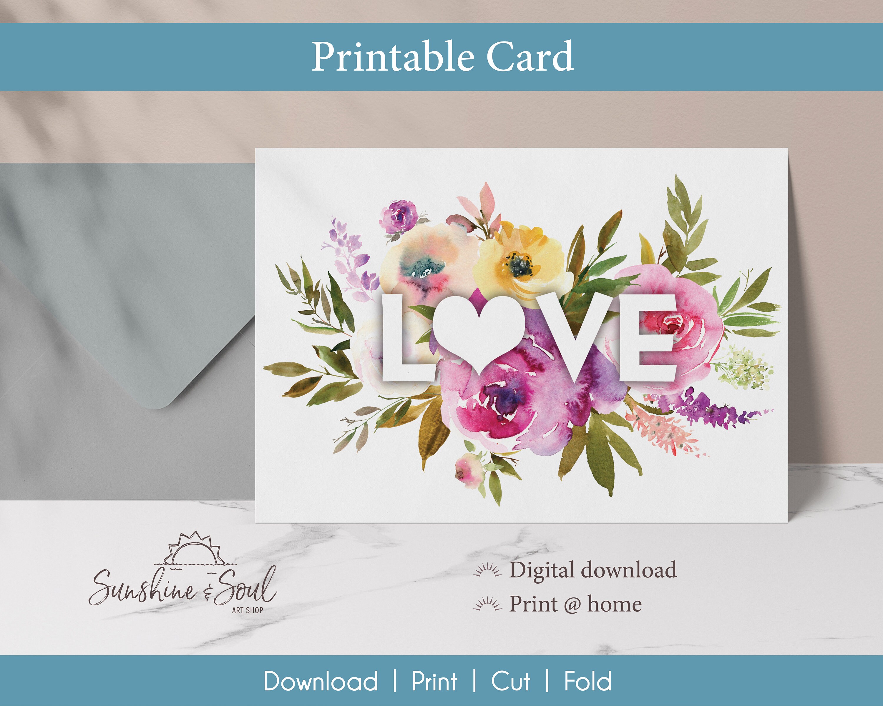 Floral LOVE Printable Card, Wedding, Anniversary, Bridal Showers