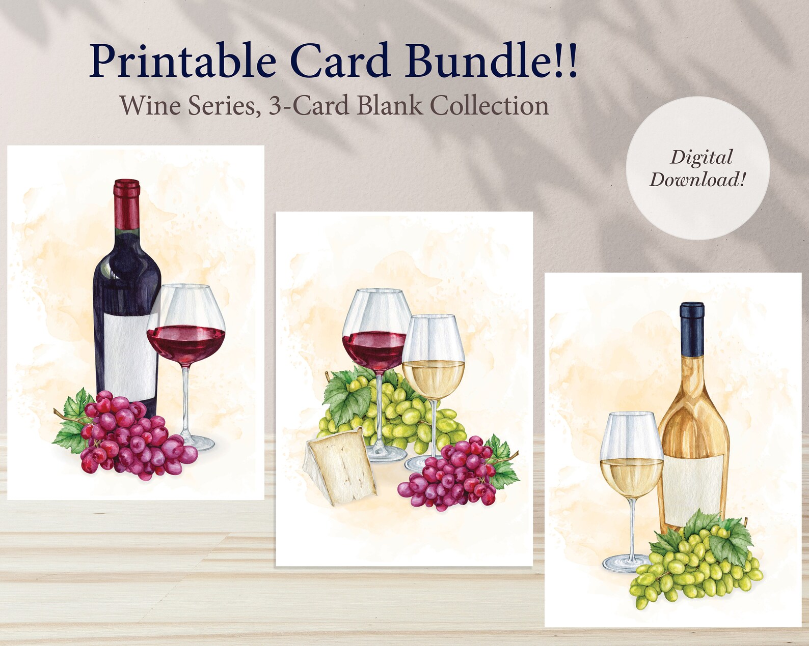 Printable Wine 3-card Greeting Bundle, Wine Series Blank Card ...