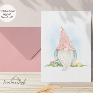 Blauwe Paashaas Gnome Afdrukbare Paaskaart, Happy Easter Card (Instant Digitale download)