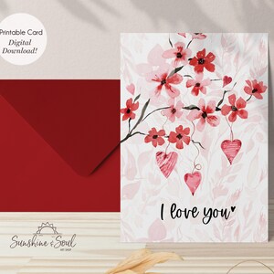 桜とハートの「I Love You」印刷可能カード（デジタルダウンロード）