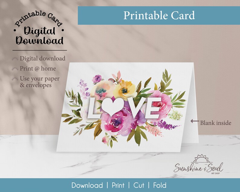 Floral LOVE Printable Card, Wedding, Anniversary, Bridal Showers