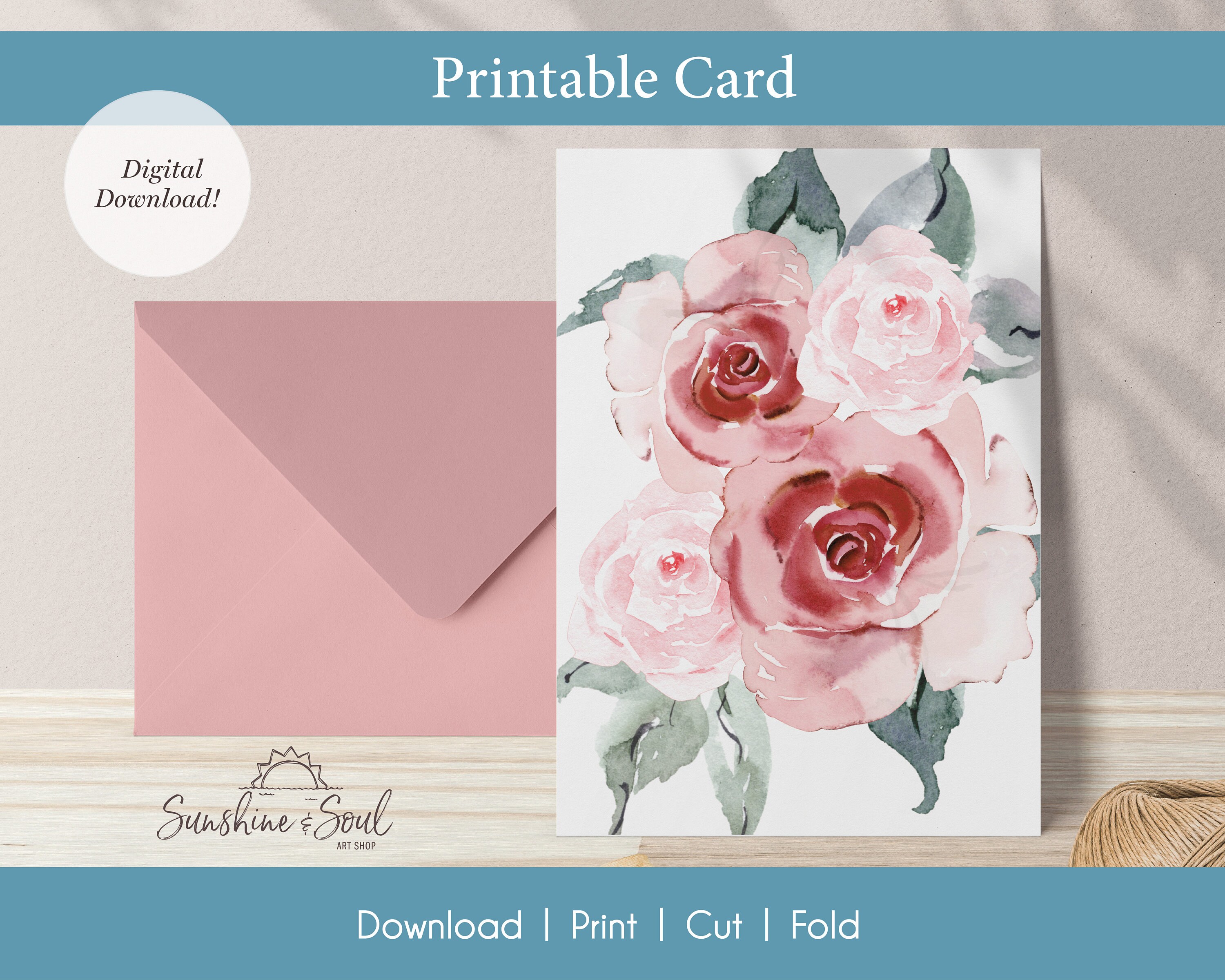 Pink Roses Prinatable Pink Roses Printable Card, Love, Wedding, Anniversary, Birthday ...
