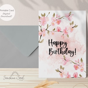 Cherry Blossoms Floral Birthday Card, Printable Instant Digital Download