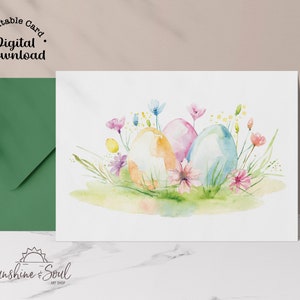 Pastel Easter Eggs Watercolor Card: Spring Flowers (Instant Digital Download)