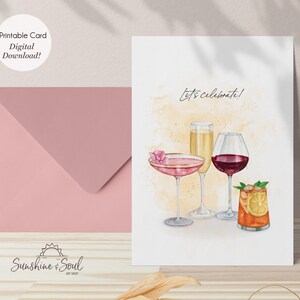Cartão Vamos comemorar, cartão de vinho e coquetéis, cartão de parabéns para impressão (download digital)