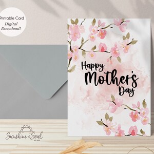 Cartão de feliz dia das mães, cartão em aquarela de flores de cerejeira rosa, cartão para mãe, download digital para impressão