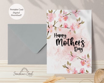 Carte de fête des mères heureuse, carte aquarelle de fleurs de cerisier roses, carte pour maman, téléchargement numérique imprimable