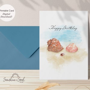 Tarjeta de feliz cumpleaños, tarjeta imprimible Sea Shell, tarjeta de felicitación de playa, descarga digital instantánea
