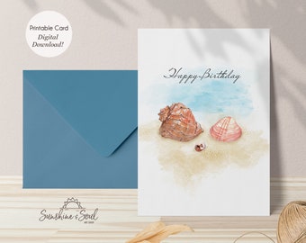 Happy Birthday Card, Sea Shell Printable Card, Beach Greeting Card, Instant digital download