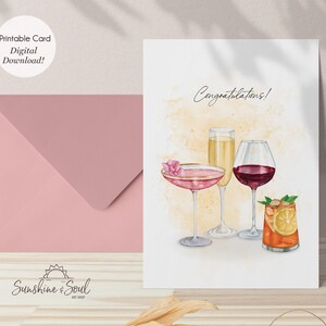 Cartão de parabéns, cartão de vinho e coquetéis, cartão para impressão (download digital)