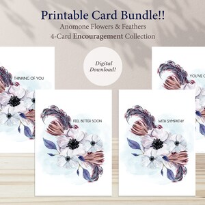 Printable 4-Card Bundle, Anemone Flowers Encouragement Card Collection (Digital Download)