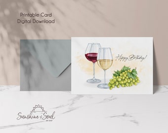 Wine Happy Birthday Card / Invitation, Printable Greeting Card (Digital Download)