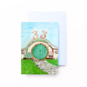 33 Geburtstagskarte, Hobbit Loch inspirierte handgemalte Geburtstagskarte Druck, Digital Download, Print at home Grußkarte, Geburtstagskarte