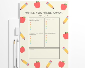 Printable Substitute Teacher Notes Sheet (Digital Download)