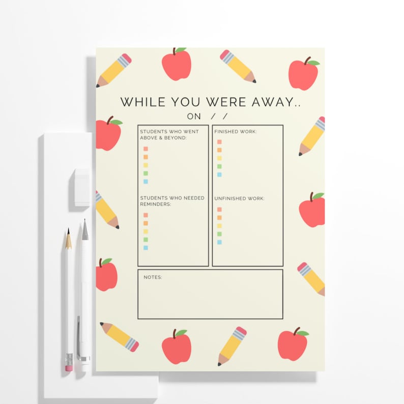 Sub Notes Background Printable Substitute Teacher Notes, Cute Printable for Teachers, Sub ...