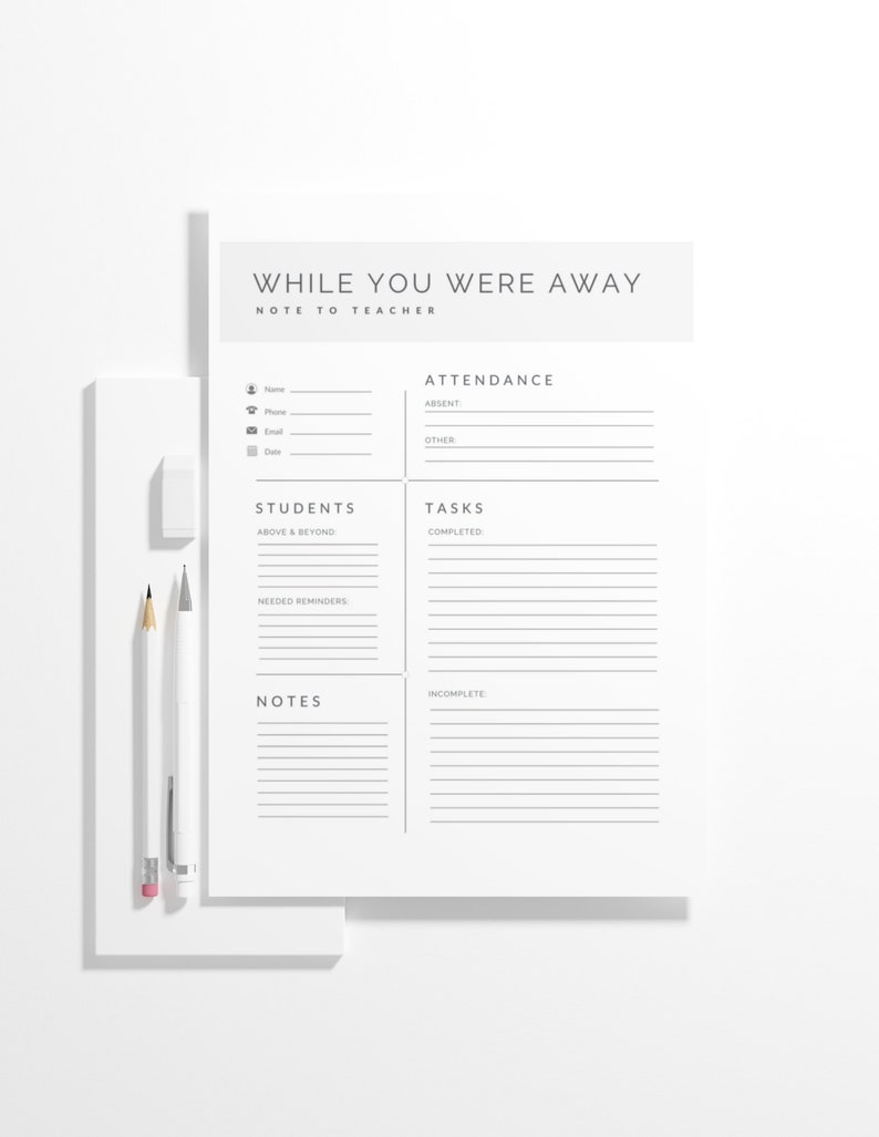 Printable Substitute Teacher Note, Note for Teacher, Simple Printable for Sub, Notes, Attendance ...