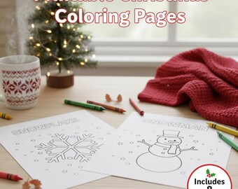 May include: Printable Christmas Coloring Pages with a snowflake and snowman design. Includes 8 pages. Crayons and a mug are on the wooden table. A small Christmas tree and red scarf are in the background.