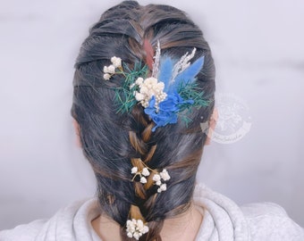 Pieza de cabello azul, accesorio para el cabello de flores secas, tocado floral amarillo, pieza de cabello japonesa, accesorios de flores reales, alfileres de cabello de boda de flores