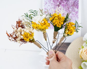 Épingles à cheveux fleurs séchées, postiche pour mariage bohème, accessoire pour cheveux de mariage, épingle à cheveux de demoiselle d'honneur, fourche à cheveux fleurs séchées naturellement, épingles à cheveux bohème