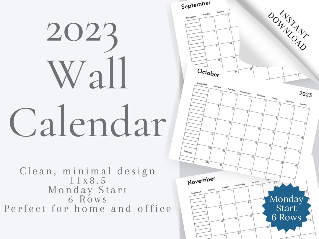 Digital Download 2023 Wall Calendar Monday Start 6 Rows Etsy