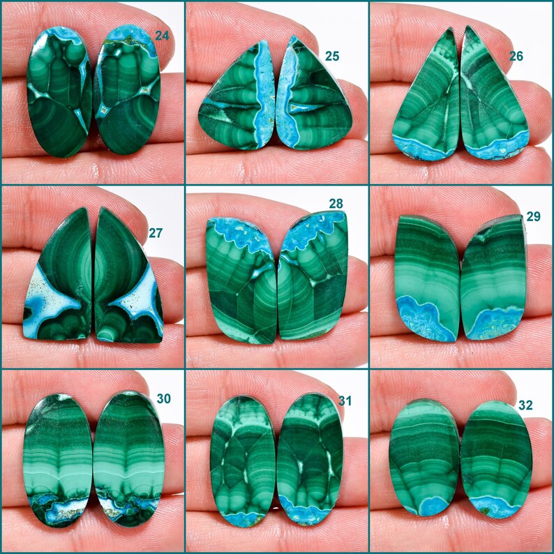 May include: Ten pairs of green and blue malachite cabochons, each pair is numbered 24 through 32. The cabochons are oval, teardrop, and pear shaped.