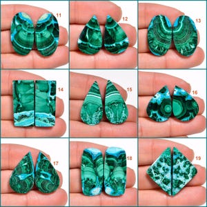 May include: Nine pairs of green and blue malachite cabochons, each pair is numbered 11 through 19. The cabochons are various shapes, including teardrop, rectangle, and square.