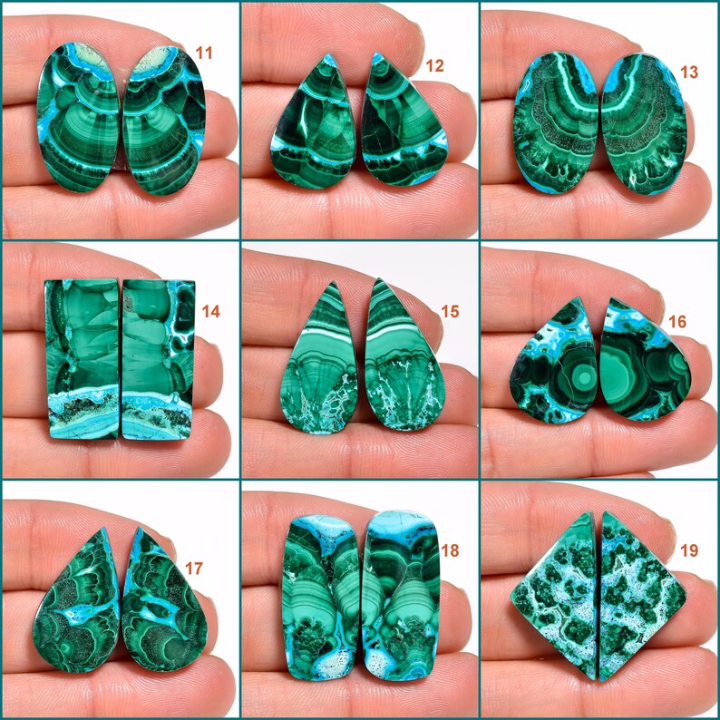 May include: Nine pairs of green and blue malachite cabochons, each pair is numbered 11 through 19. The cabochons are various shapes, including teardrop, rectangle, and square.