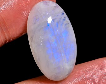 Può includere: Cabochon di pietra lunare di forma ovale con un bagliore iridescente bianco e blu.