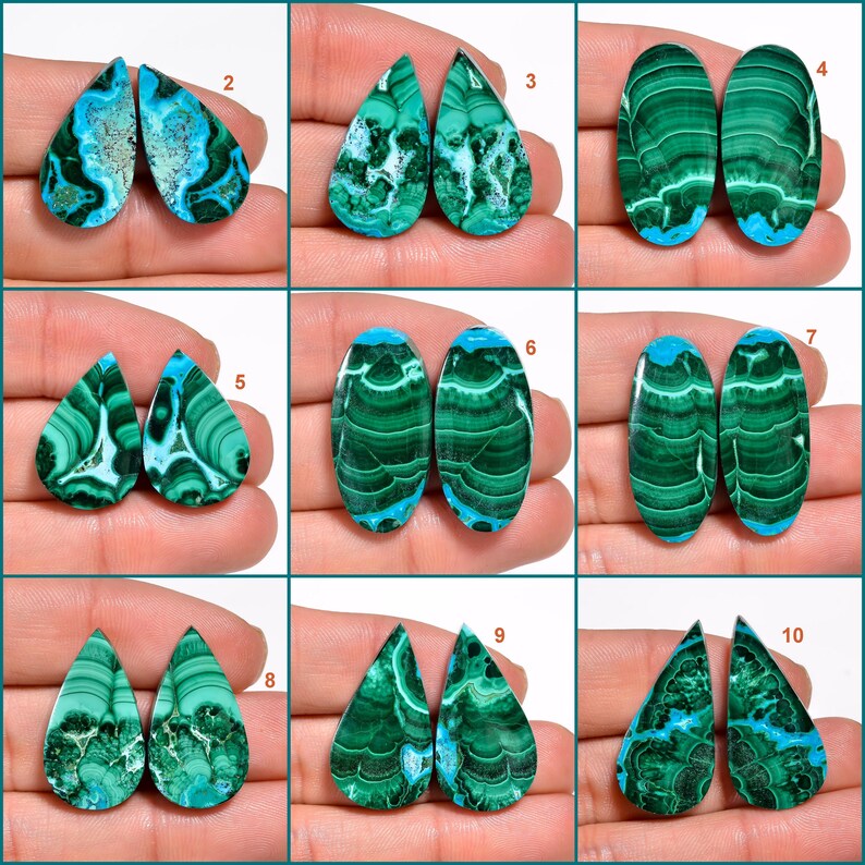 May include: Ten pairs of green and blue gemstone cabochons in various teardrop and oval shapes. The gemstones have a marbled pattern and are ready to be set in jewellery.