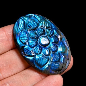 Natural Blue Fire Labradorite Gemstone Oval Shape Carved Labradorite Cabochon 44X31X7 mm 74 Carat Labradorite Crystal For Making Jewelry