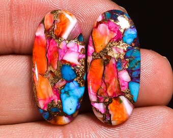 Par de ostras naturales de cobre y turquesa, forma ovalada, par de piedras preciosas de turquesa, par de cristales de turquesa a juego, 23 x 11 x 3 mm, 18 quilates