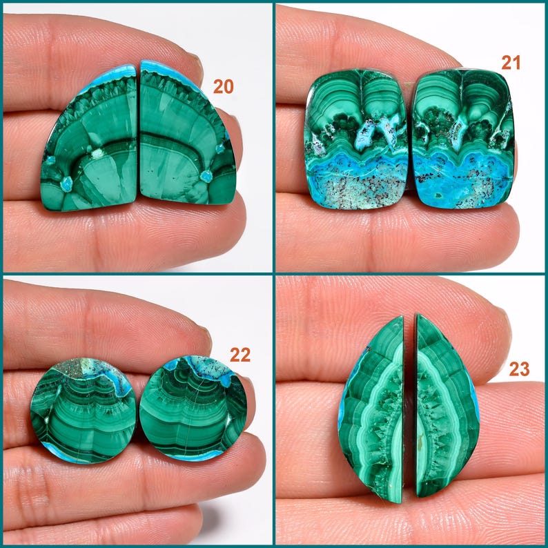 May include: Four pairs of green and blue gemstone cabochons, each pair is cut in a different shape: half-round, square, round, and teardrop. The cabochons are arranged in a grid pattern on a white background.
