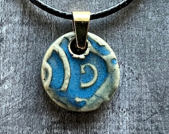 Blue Abstract Ceramic Charm Pendant / Adjustable Waxed Cord / Handmade Gift