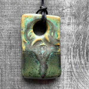 Green Abstract Ceramic Pendant with Adjustable Waxed Cord / Handmade Gift