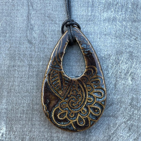 Handmade Antiqued Paisley Ceramic Pendant: Boho Glazed Stoneware
